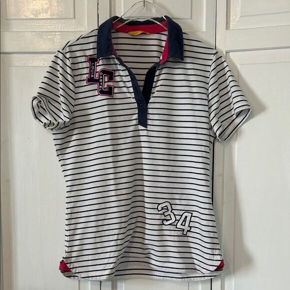 Louis Castel Golf Striped Navy and White with designer patches polo Size S - Picture 1 of 6